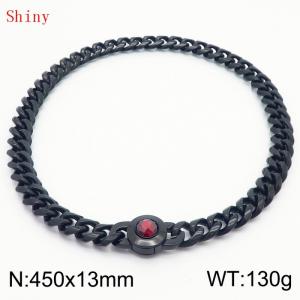 Fashionable and personalized stainless steel 450 × 13mm Cuban Chain Polished Round Buckle Inlaid with Red Glass Diamond Charm Black Necklace - KN238722-Z