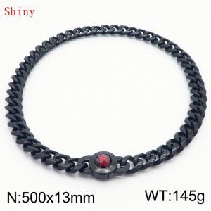 Fashionable and personalized stainless steel 500 × 13mm Cuban Chain Polished Round Buckle Inlaid with Red Glass Diamond Charm Black Necklace - KN238723-Z