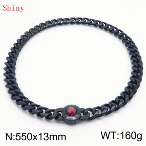 Fashionable and personalized stainless steel 550 × 13mm Cuban Chain Polished Round Buckle Inlaid with Red Glass Diamond Charm Black Necklace - KN238724-Z