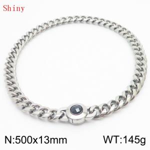 Fashionable and personalized stainless steel 500 × 13mm Cuban Chain Polished Round Buckle Inlaid with Black Glass Diamond Charm Silver Necklace - KN238730-Z