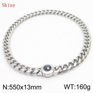 Fashionable and personalized stainless steel 550 × 13mm Cuban Chain Polished Round Buckle Inlaid with Black Glass Diamond Charm Silver Necklace - KN238731-Z