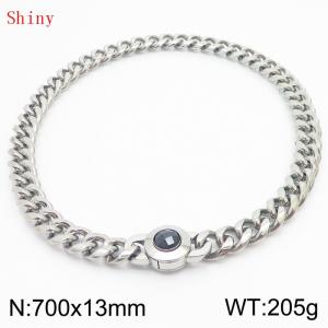 Fashionable and personalized stainless steel 700 × 13mm Cuban Chain Polished Round Buckle Inlaid with Black Glass Diamond Charm Silver Necklace - KN238734-Z