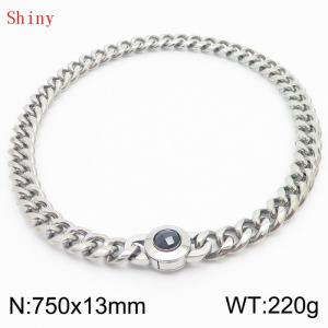 Fashionable and personalized stainless steel 750 × 13mm Cuban Chain Polished Round Buckle Inlaid with Black Glass Diamond Charm Silver Necklace - KN238735-Z