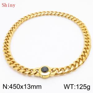 Fashionable and personalized stainless steel 450 × 13mm Cuban Chain Polished Round Buckle Inlaid with Black Glass Diamond Charm Gold  Necklace - KN238736-Z