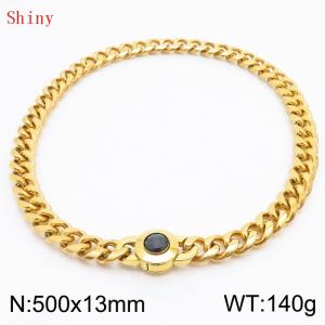 Fashionable and personalized stainless steel 500 × 13mm Cuban Chain Polished Round Buckle Inlaid with Black Glass Diamond Charm Gold  Necklace - KN238737-Z