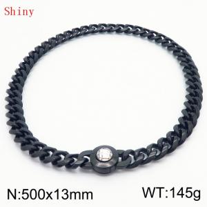 Fashionable and personalized stainless steel 500 × 13mm Cuban Chain Polished Round Buckle Inlaid with white Glass Diamond Charm Black Necklace - KN238744-Z