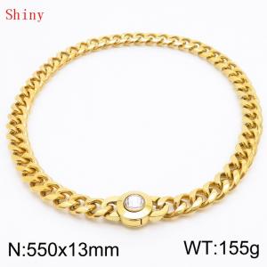 Fashionable and personalized stainless steel 550 × 13mm Cuban Chain Polished Round Buckle Inlaid with white Glass Diamond Charm Gold  Necklace - KN238759-Z