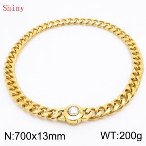 Fashionable and personalized stainless steel 700 × 13mm Cuban Chain Polished Round Buckle Inlaid with white Glass Diamond Charm Gold  Necklace - KN238762-Z