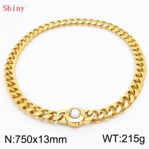 Fashionable and personalized stainless steel 750 × 13mm Cuban Chain Polished Round Buckle Inlaid with white Glass Diamond Charm Gold  Necklace - KN238763-Z