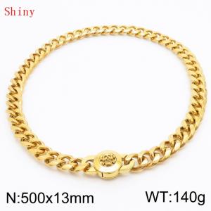 Fashionable and personalized stainless steel 500 × 13mm Cuban Chain Polished Round Buckle Inlaid Skull Head Charm Gold Necklace - KN238779-Z