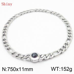 750×11mm Men's Round Link Stainless Steel Necklace Silver Color Waterproof Tone Punk NK Cuban Chain Black Stone Clasp Collar Choker Boy Male - KN238910-Z