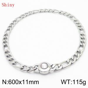 600×11mm Bulk Gothic Stainless Steel Figaro Necklace for Men Silver Color White Stone Clasp Cuban Link Chain Round Neck Choker  Wholesale - KN238949-Z
