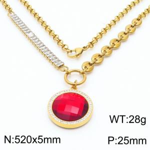 Zircon Stainless Steel Necklace O-Chain With Round Red Pendant Gold Color - KN251187-Z