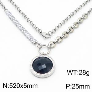 Zircon Stainless Steel Necklace O-Chain With Round Black Pendant Silver Color - KN251188-Z