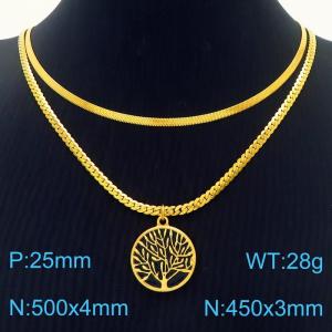 Tree of Life Pendant Double layered Gold Stainless Steel Necklace - KN282043-Z