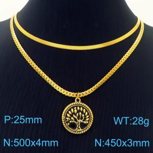 Tree of Life Pendant Double layered Gold Stainless Steel Necklace - KN282045-Z