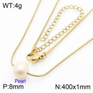 Fashionable and personalized stainless steel 400 × 1mm thin snake bone chain with pearl pendant charm gold necklace - KN282679-KFC