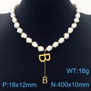 European and American fashion stainless steel creative double B-letter tassel accessories fashion pearl gold necklace - KN282736-CM