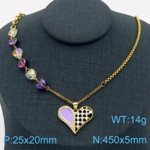 450mm Gold-Plated Stainless Steel Chain Necklace with Purple Love Heart Pendant - KN282762-SP