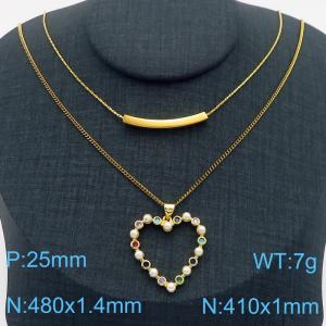 480mm Women Stainless Steel Double-Chain Necklace with Colorful Rhinestones Love Heart Pendant - KN282775-SP