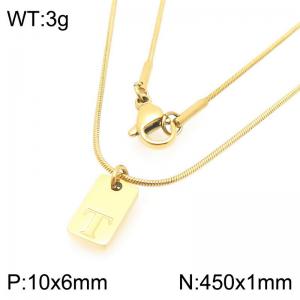 Stainless steel snake bone chain hanging square plaque carving letter T pendant jewelry charm gold necklace - KN293446-Z