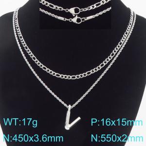 Personalized and fashionable stainless steel double-layer layered necklace paired with diamond studded bubble letter pendant - KN296876-Z