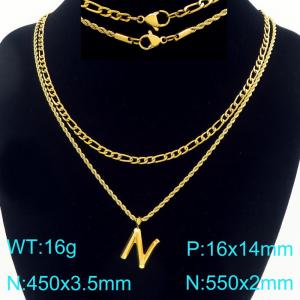 Personalized and fashionable stainless steel gold-plated double-layer layered necklace with bubble letter pendant - KN296894-Z