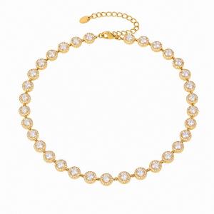 Gold Stainless Steel Halo Cubic Zirconia Tennis Choker Necklace Adjustable Full Diamond Chain - KN303937-CAJY