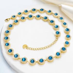 Gold Stainless Steel Halo Cubic Zirconia Tennis Choker Necklace Adjustable Full Diamond Chain - KN303943-CAJY