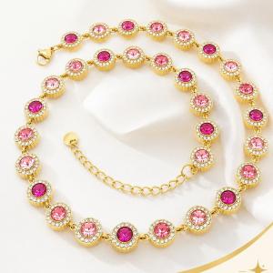 Gold Stainless Steel Halo Cubic Zirconia Tennis Choker Necklace Adjustable Full Diamond Chain - KN303944-CAJY