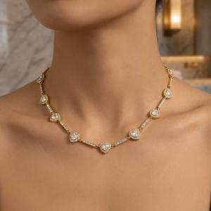 18K Gold Plated Heart Tennis Necklace for Women, Pave CZ Crystal Heart Link Chain Necklace, Stainless Steel Adjustable Love Heart Choker Necklace, Sparkly Cubic Zirconia Jewelry Gift for Her - KN303945-CAJY