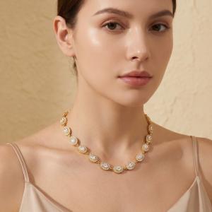 18K Gold Plated Oval CZ Halo Tennis Necklace for Women, Stainless Steel Oval Cubic Zirconia Station Link Necklace, Sparkly Adjustable Crystal Choker Jewelry Gift for Her - KN303946-CAJY