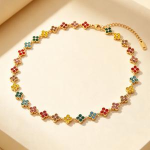 Gold Plated Stainless Steel Choker Necklace for Women, Colorful Crystal Clavicle Chain Adjustable Lucky Jewelry Gift - KN303968-CAJY