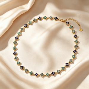 Gold Plated Stainless Steel Choker Necklace for Women, Colorful Crystal Clavicle Chain Adjustable Lucky Jewelry Gift - KN303973-CAJY