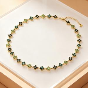 Gold Plated Stainless Steel Choker Necklace for Women, Colorful Crystal Clavicle Chain Adjustable Lucky Jewelry Gift - KN303975-CAJY