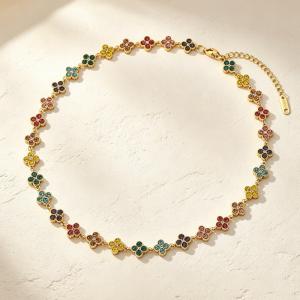 Gold Plated Stainless Steel Choker Necklace for Women, Colorful Crystal Clavicle Chain Adjustable Lucky Jewelry Gift - KN303978-CAJY