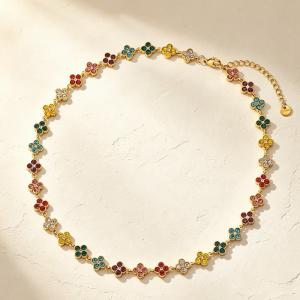Gold Plated Stainless Steel Choker Necklace for Women, Colorful Crystal Clavicle Chain Adjustable Lucky Jewelry Gift - KN303979-CAJY