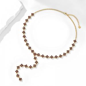 Stainless Steel Four Leaf Clover Y Necklace  Gold Plated Wine Red Rhinestone Lucky Clover Lariat Adjustable Women Trendy Necklace - KN304006-CAJY