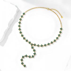Stainless Steel Four Leaf Clover Y Necklace Gold Plated Wine Red Rhinestone Lucky Clover Lariat Adjustable Women Trendy Necklace - KN304013-CAJY