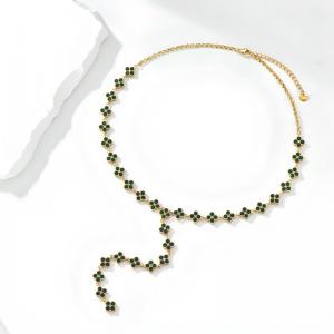 Stainless Steel Four Leaf Clover Y Necklace Gold Plated Wine Red Rhinestone Lucky Clover Lariat Adjustable Women Trendy Necklace - KN304015-CAJY