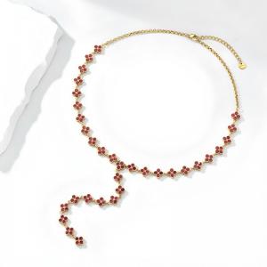 Stainless Steel Four Leaf Clover Y Necklace Gold Plated Wine Red Rhinestone Lucky Clover Lariat Adjustable Women Trendy Necklace - KN304017-CAJY