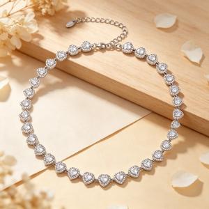 Dainty Clear Rhinestone Heart Tennis Necklace, Stainless Steel Adjustable Choker for Her - KN304019-CAJY