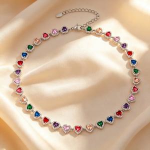 Dainty Clear Rhinestone Heart Tennis Necklace, Stainless Steel Adjustable Choker for Her - KN304020-CAJY