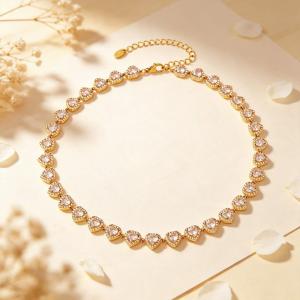 Dainty Clear Rhinestone Heart Tennis Necklace, Stainless Steel Adjustable Choker for Her - KN304021-CAJY