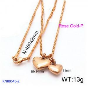 Rose Gold Double Heart Pedant Necklace with Rope Chain - KN86545-Z