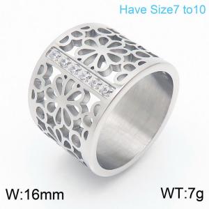 Ladies' ring with diamond set in stainless steel with wide face and flower shape - KR107804-K