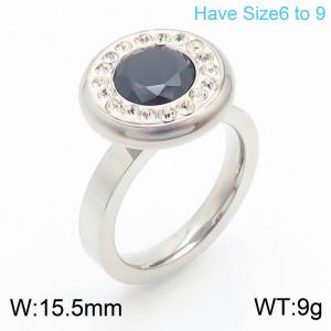Retro senior sense round black diamond women's stainless steel ring - KR107839-K
