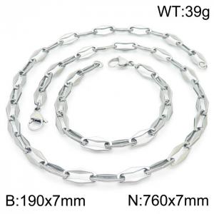 7mm=19cm，76cm=Handmade fashion titanium steel hollowed out 7mm rhombus chain design simple neutral silvery jewelry sets - KS192233-Z