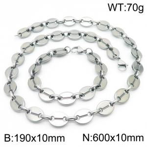 10mm=19cm，60cm=European and American Hip Hop Style Handmade 304 Stainless Steel Unisex Silver Coffee Bean jewelry sets - KS192321-Z