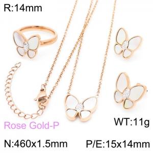 Women Rose Gold Plated Stainless Steel Necklace&Ring&Earrings Jewelry Set with CZ&Shell Butterfly Pattern Charm - KS192860-GC
